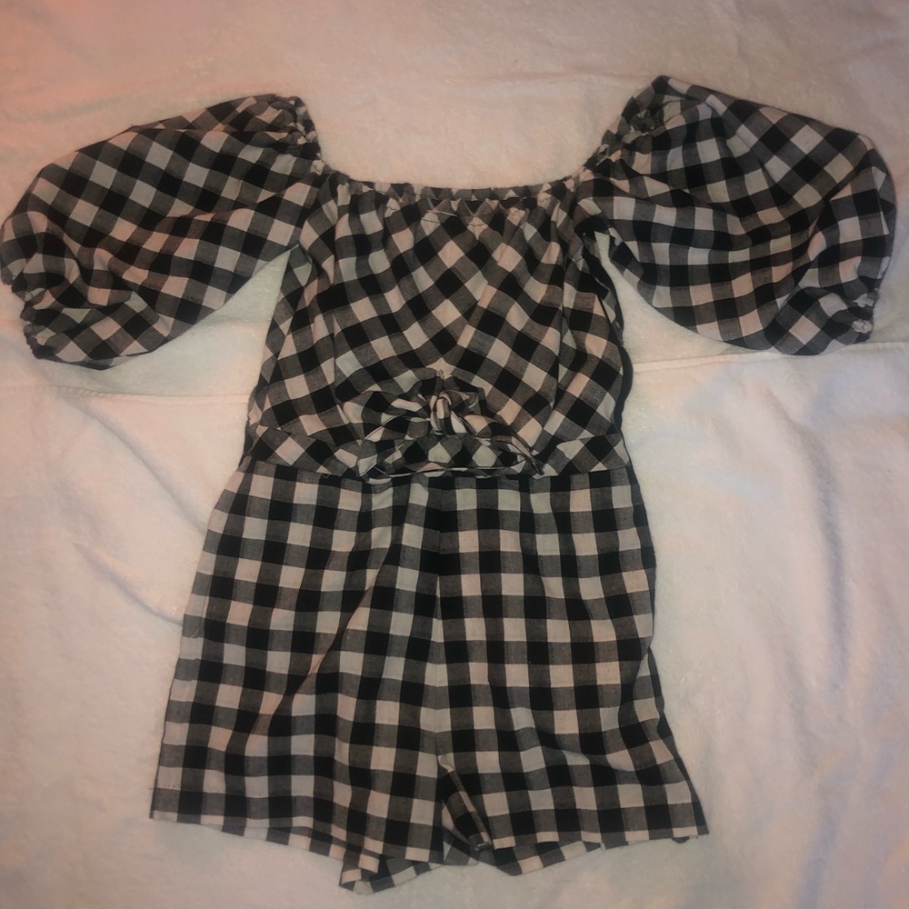 Black and white gingham romper.